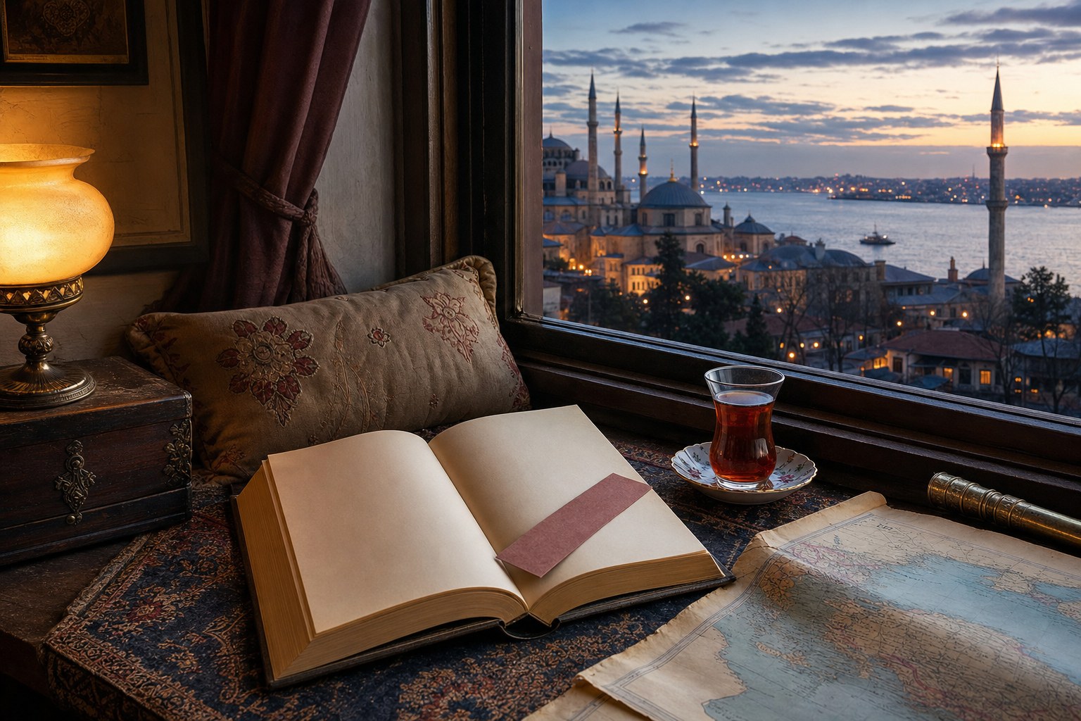 An open book and Turkish tea on a window seat looking over Istanbul at dusk
