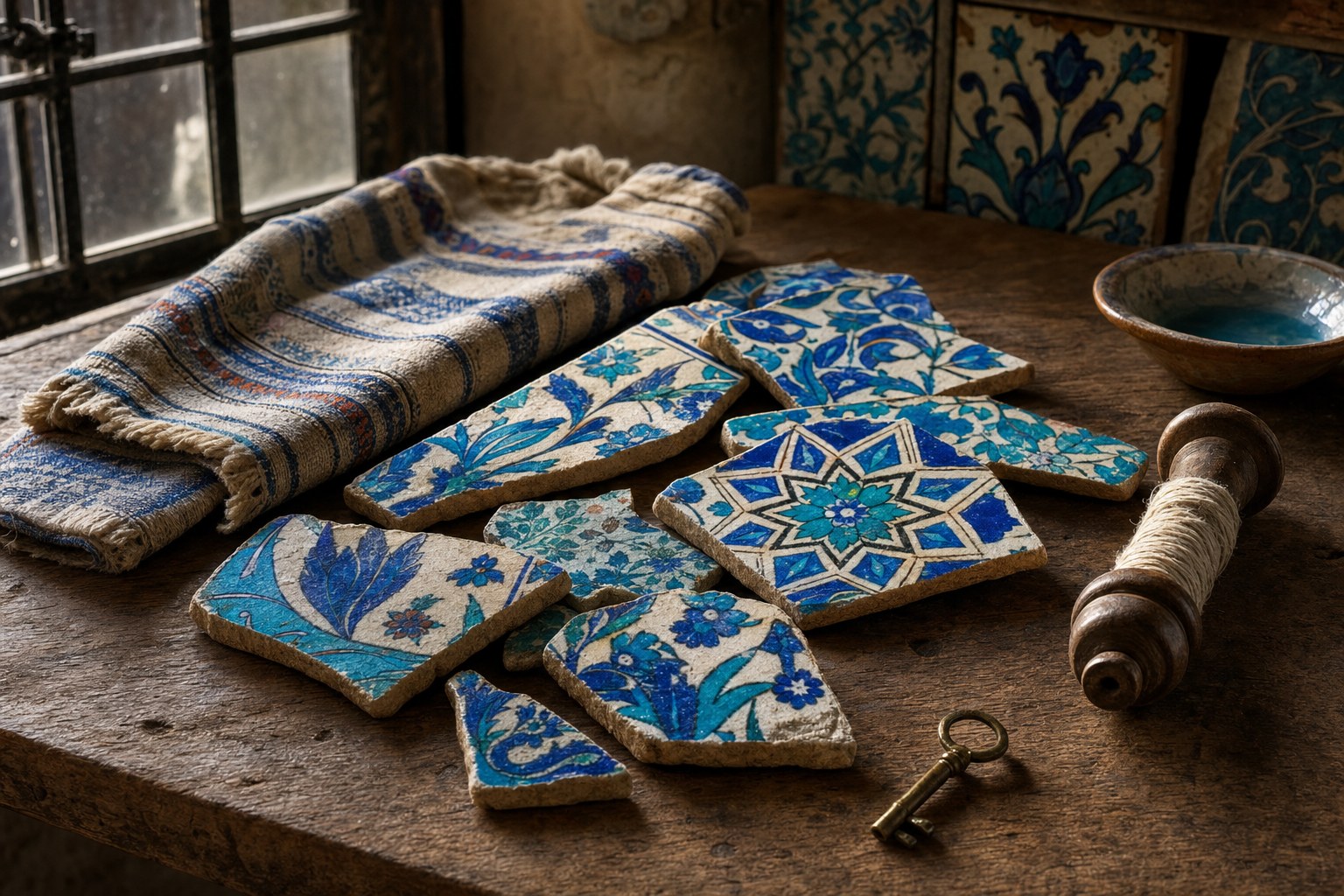 Blue ceramic tile fragments, woven cloth, a spindle, and a brass key on a worktable