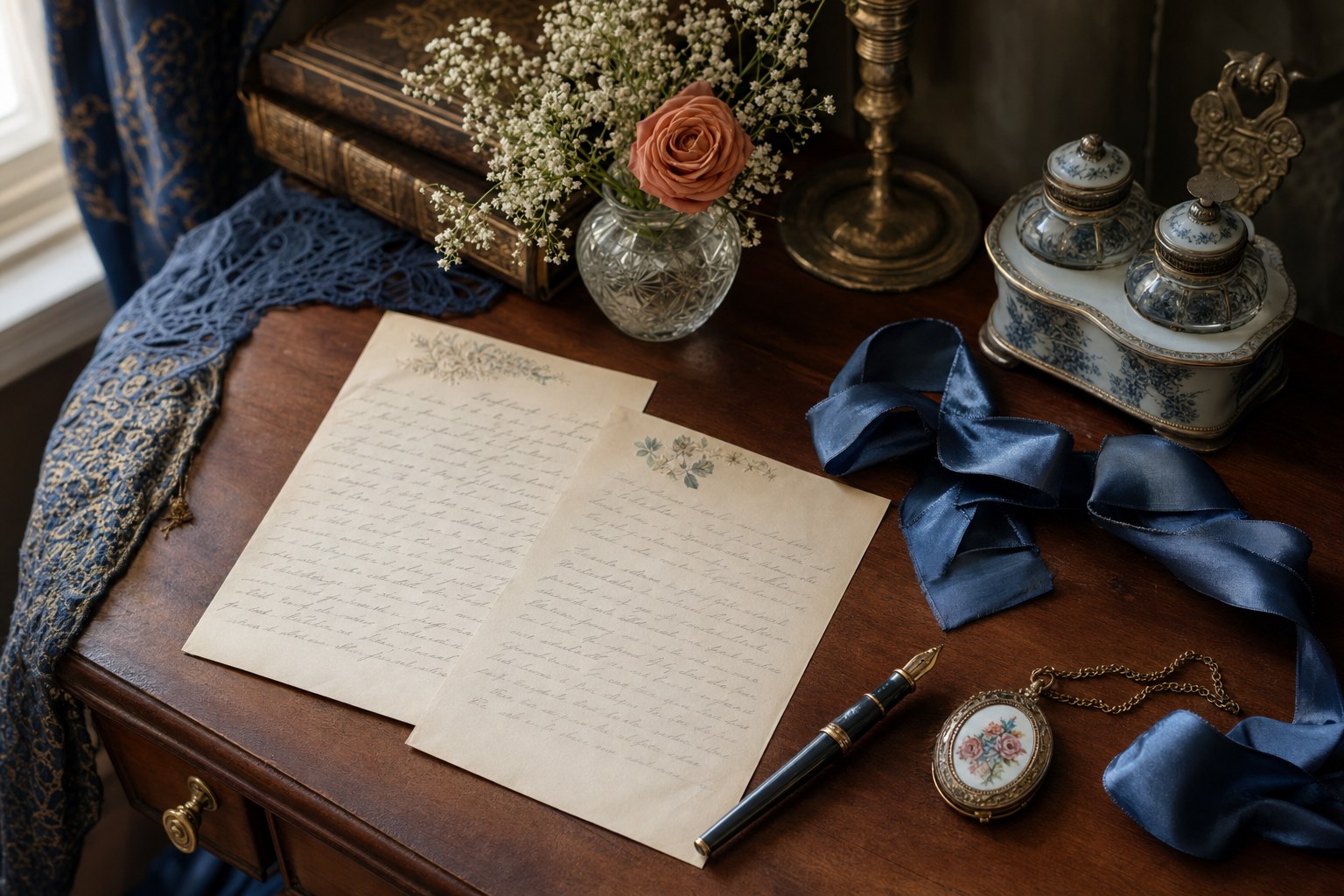 Letters, a blue ribbon, a fountain pen, and a locket arranged on a writing desk