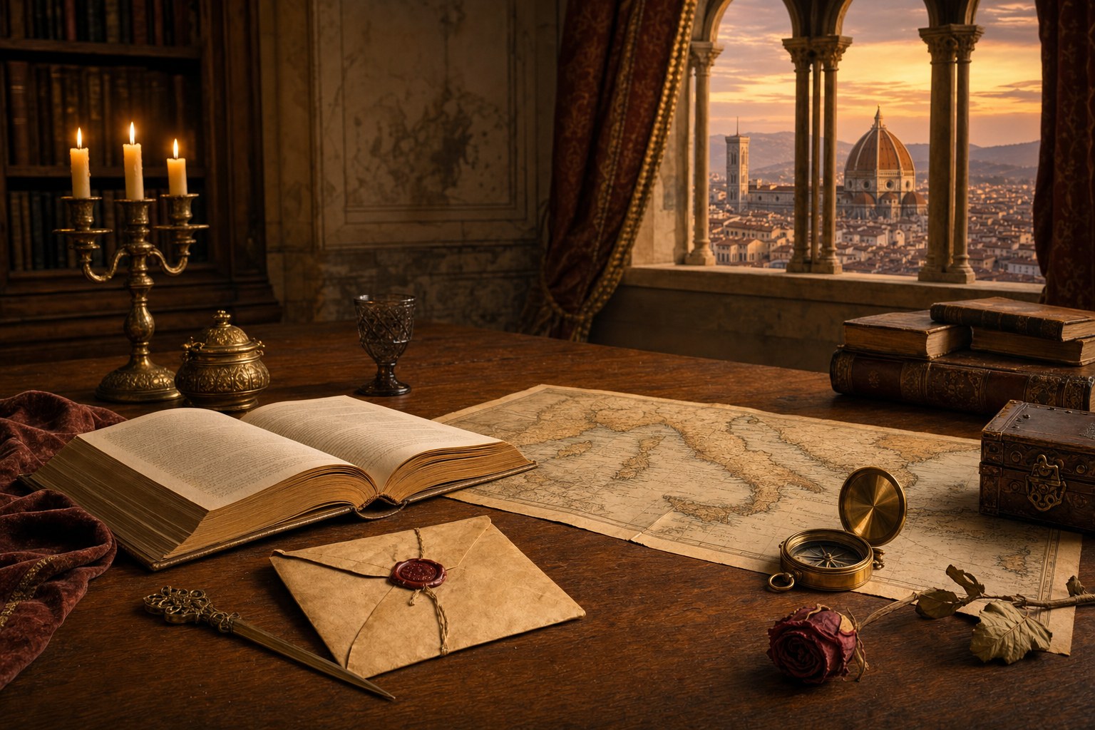 An open book, old map, sealed letter, compass, and rose in a candlelit study overlooking Florence