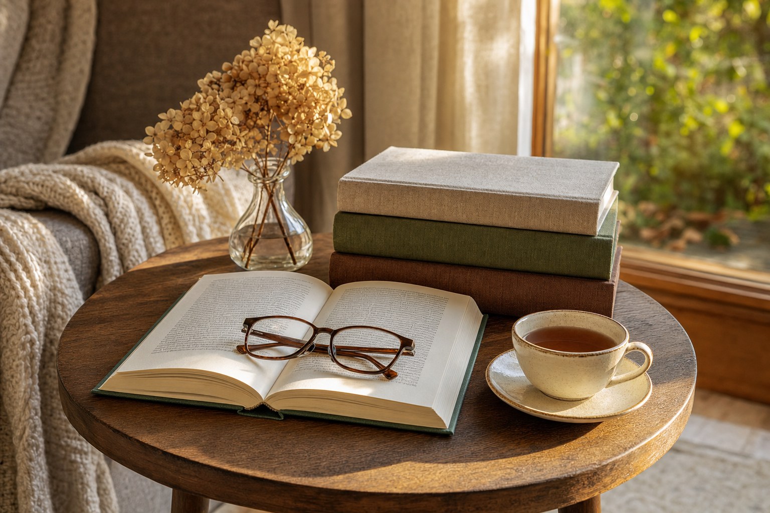 An open book, reading glasses, tea, and three clothbound volumes in a sunlit reading nook