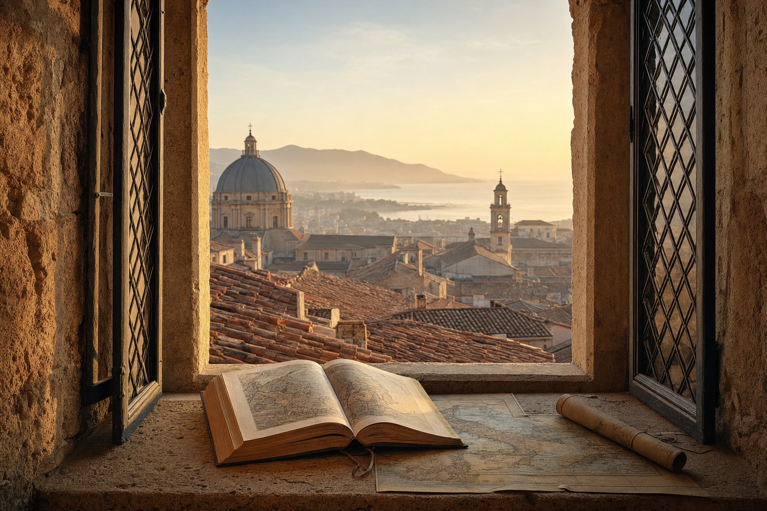 An open book and map on a stone windowsill overlooking an Italian city at sunrise
