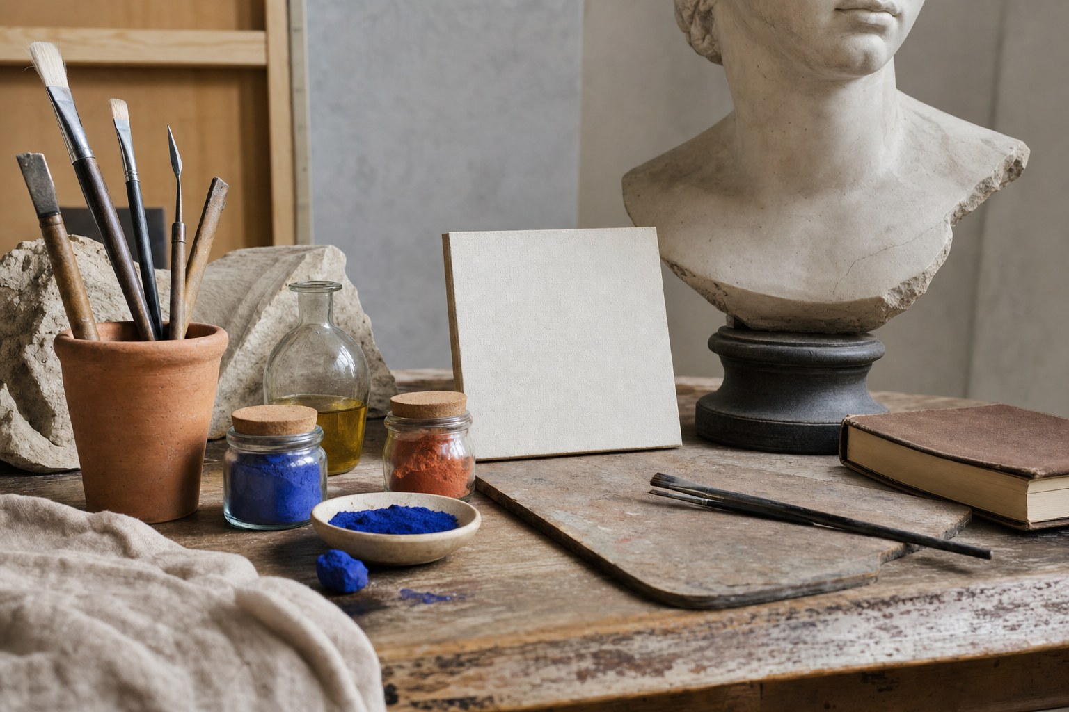 Artist tools, pigments, a canvas, a marble bust, and a book on a studio table
