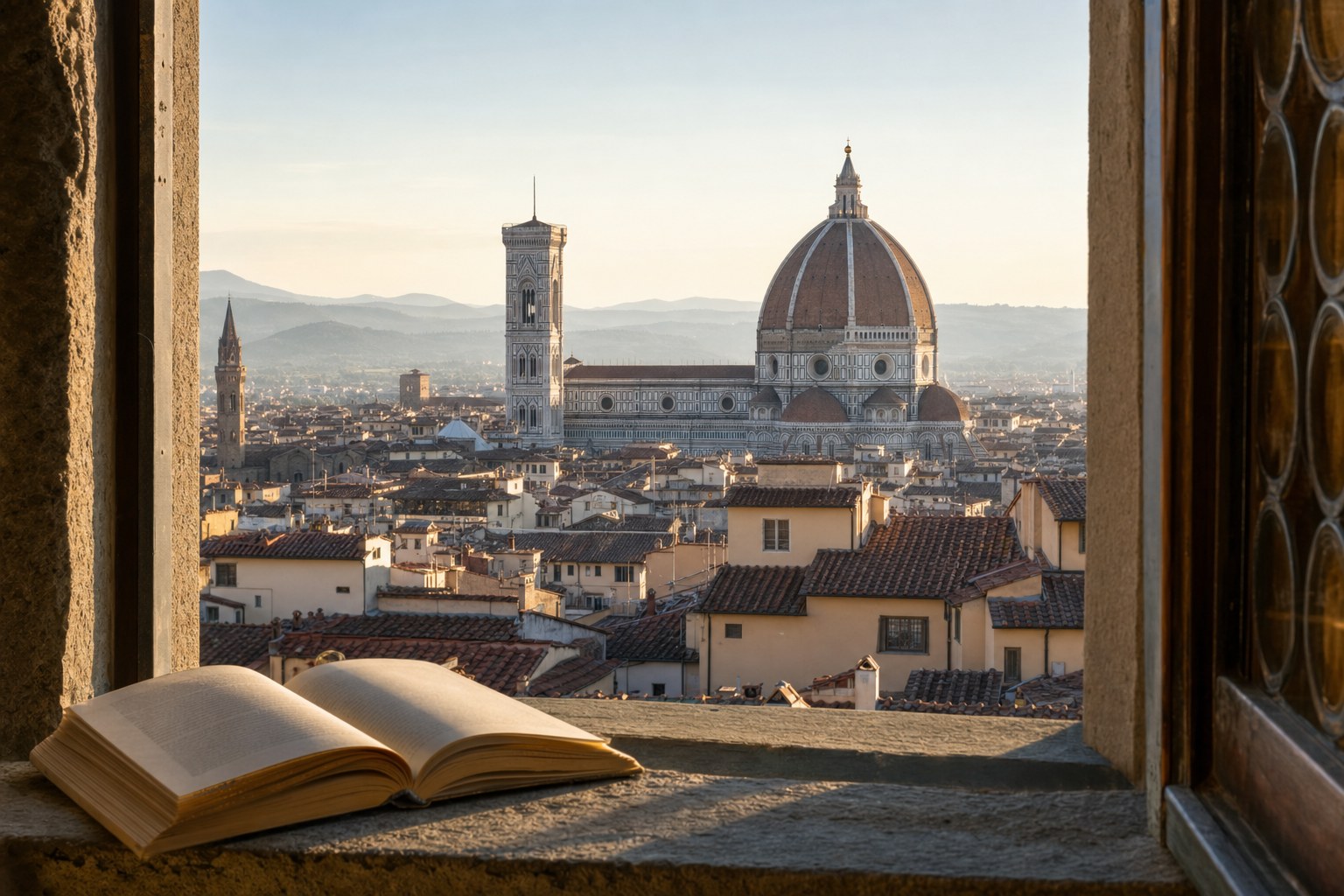 An open book on a stone windowsill overlooking Florence and the Duomo