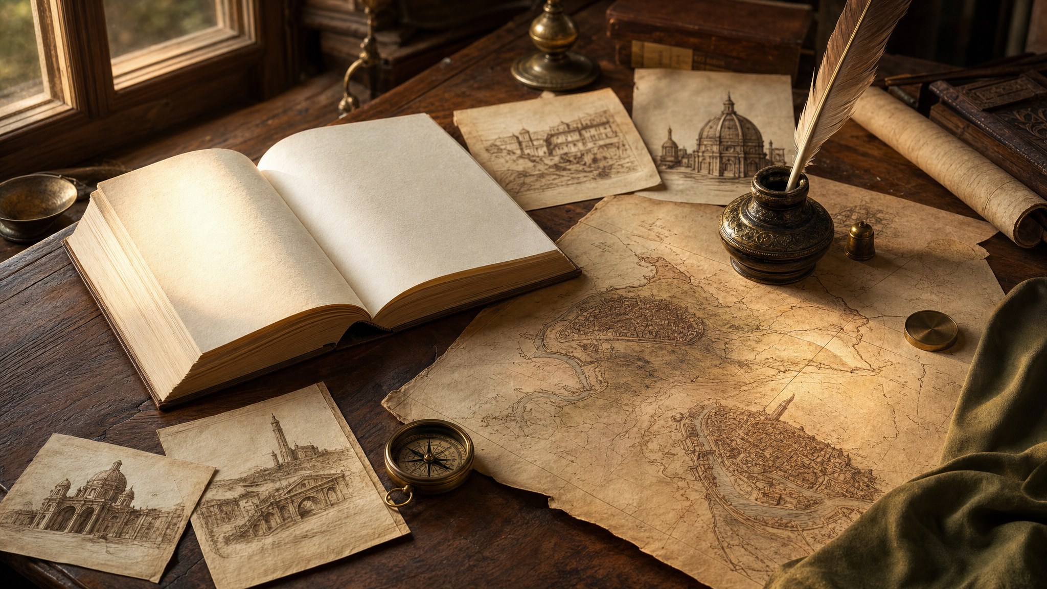 An open book, old map, sketches of Florence and Rome, and a quill on a wooden desk
