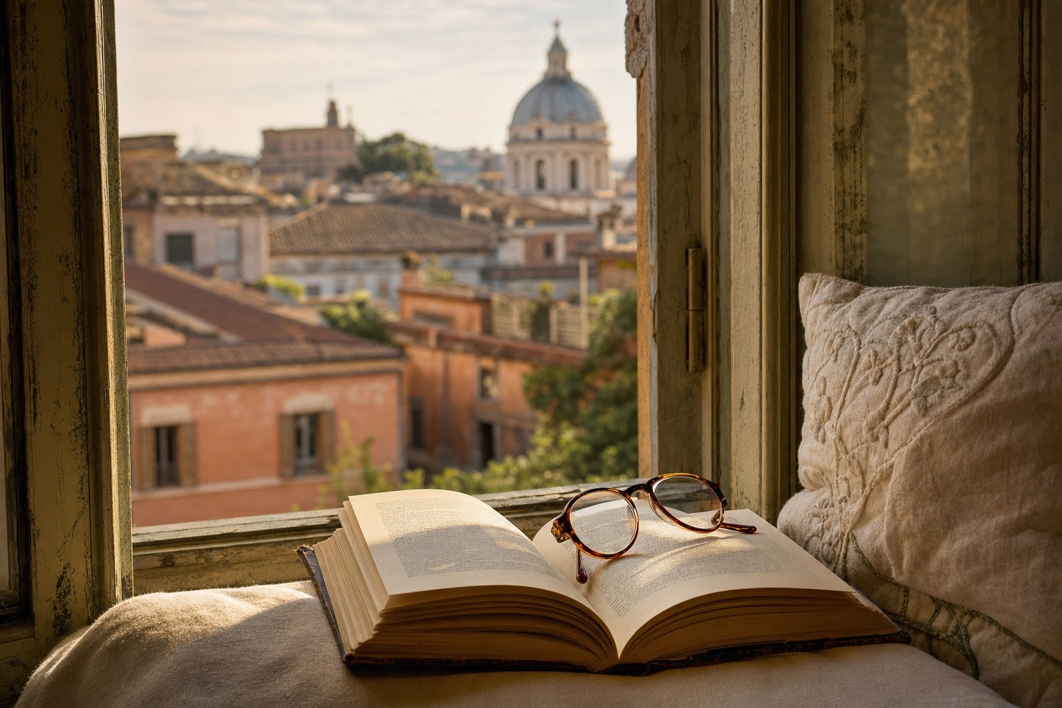 An open book and reading glasses by a window overlooking Rome