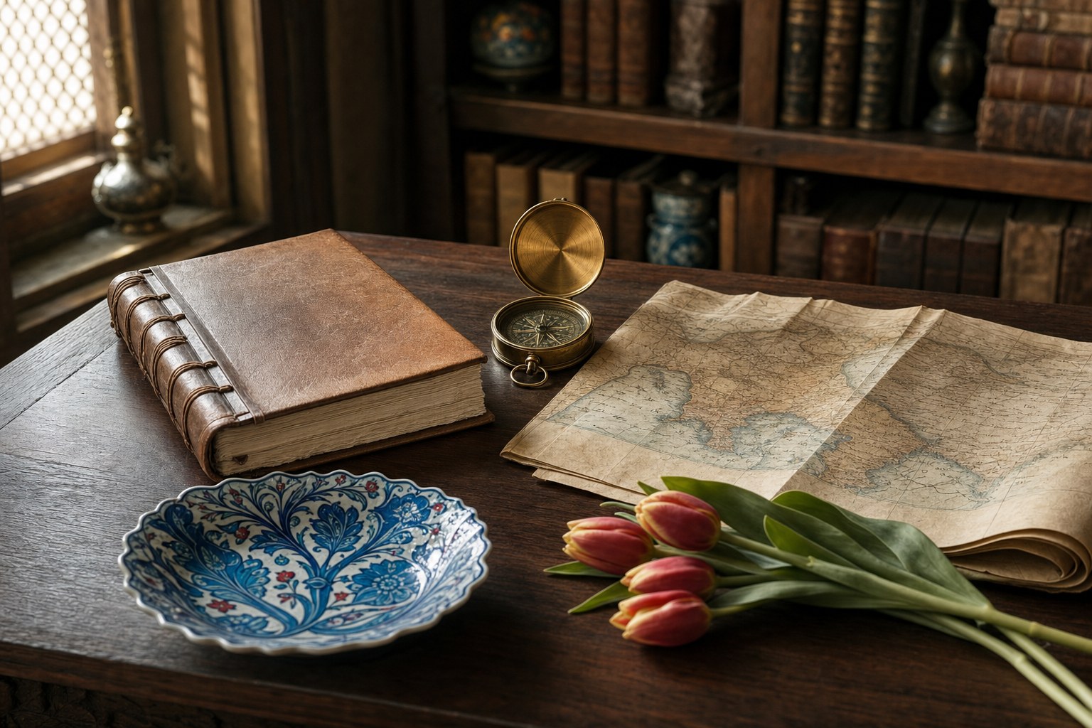 A hand-bound book, map, compass, ceramic dish, and tulips on a wooden desk