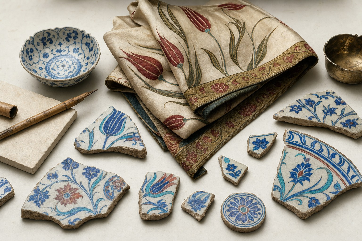 Ceramic fragments and folded tulip-patterned fabric on a worktable