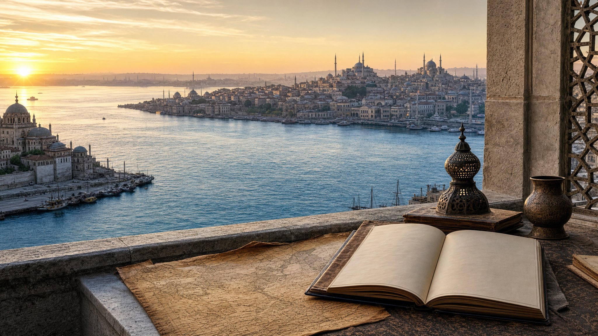 A sunrise view across the Bosporus with an open book and map in the foreground