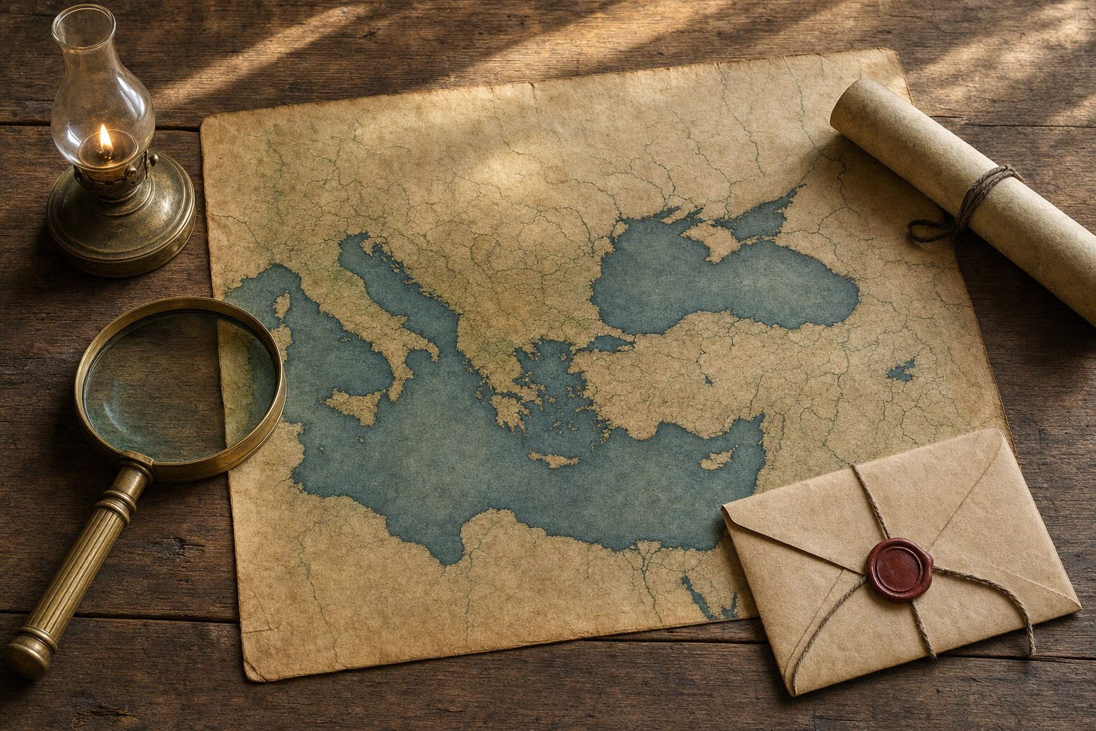 An old map of the Mediterranean and Black Sea beside a magnifying glass and oil lamp