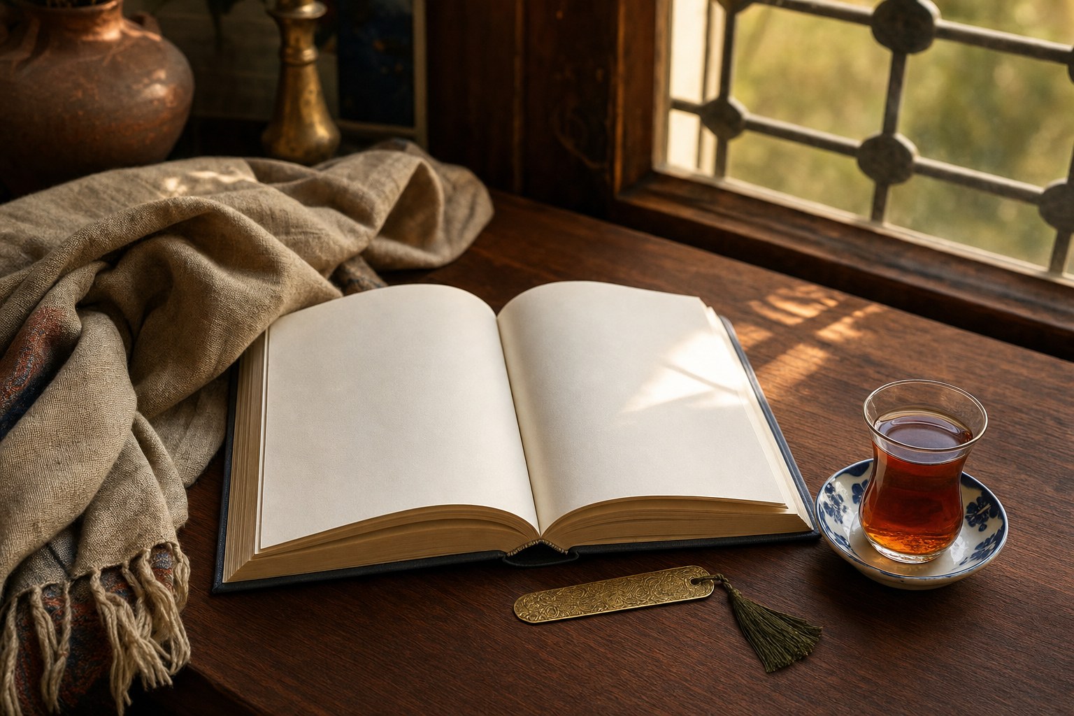 An open book, tea glass, and brass bookmark in a sunlit reading nook