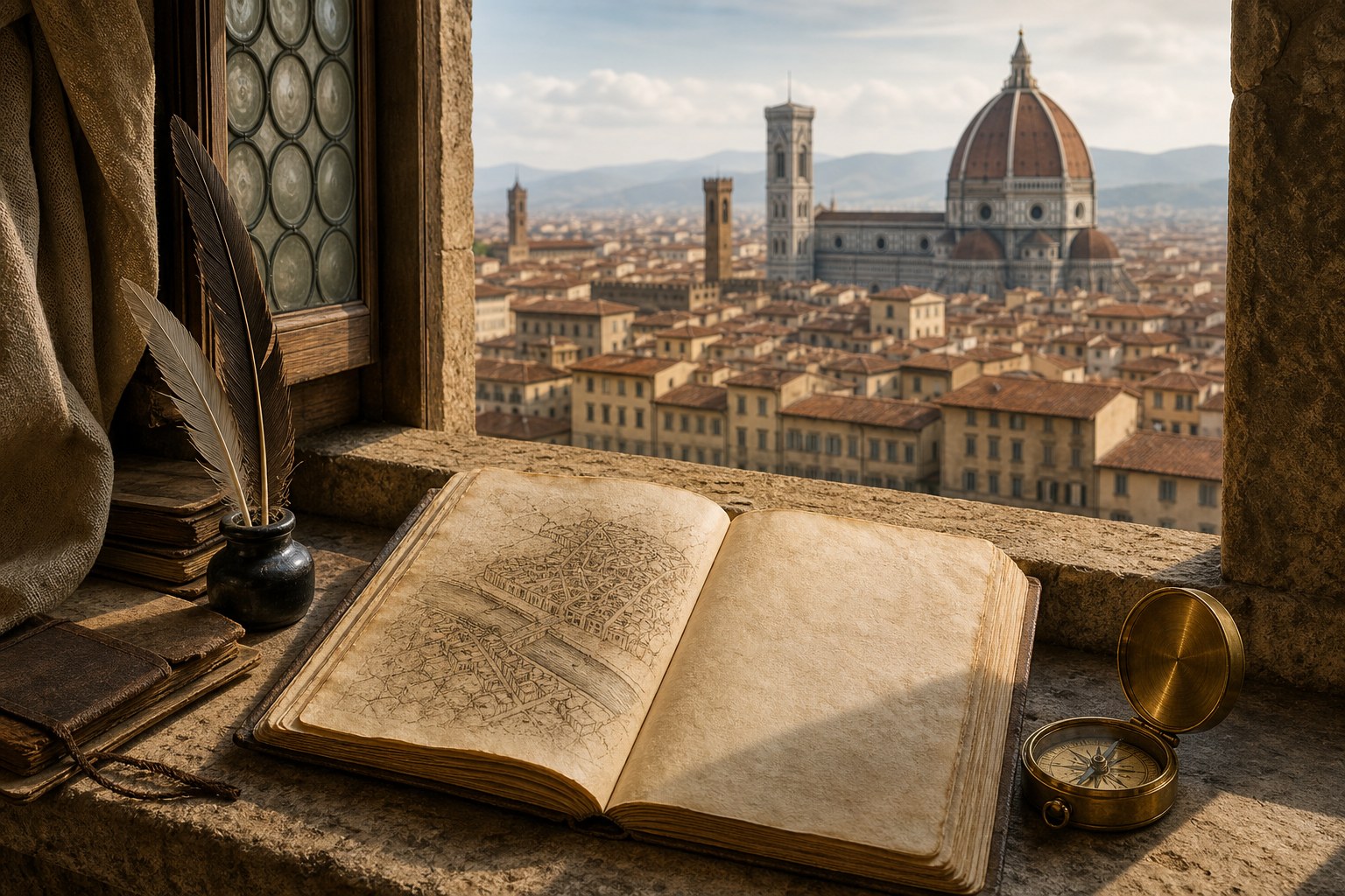 An open book and compass on a Florence windowsill with the cathedral dome in the distance