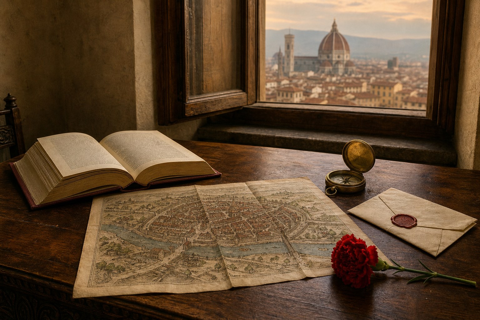 An open book, a map, a compass, and a sealed letter on a wooden desk overlooking Florence