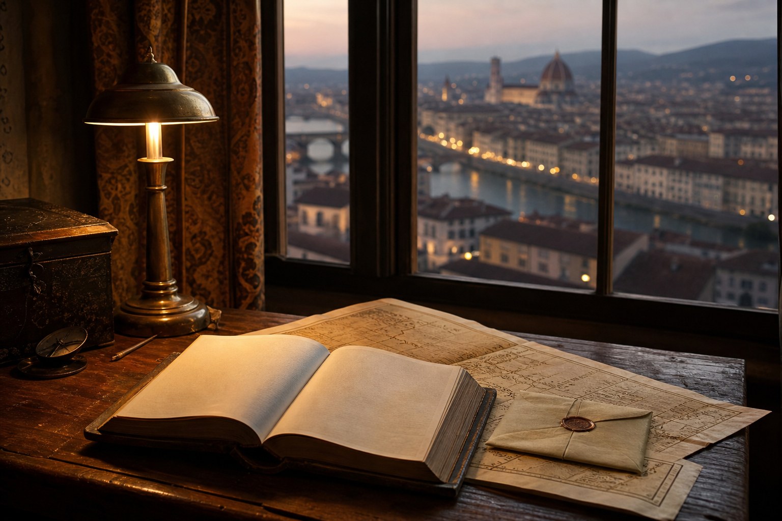 An open book, a map, and a sealed letter beside a window overlooking Florence at dusk