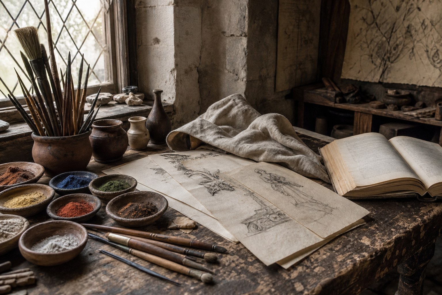 Pigments, brushes, linen, and an open book on an artisan workshop table