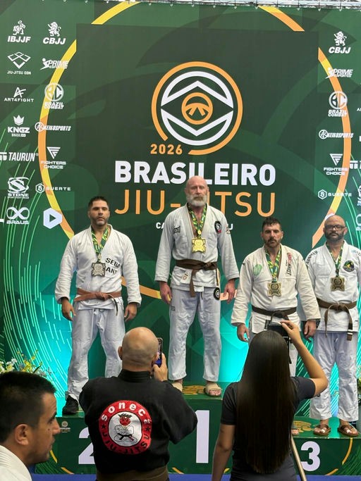 Casey Thom receiving a gold medal at the 2026 Brasileiro Jiu-Jitsu Championship