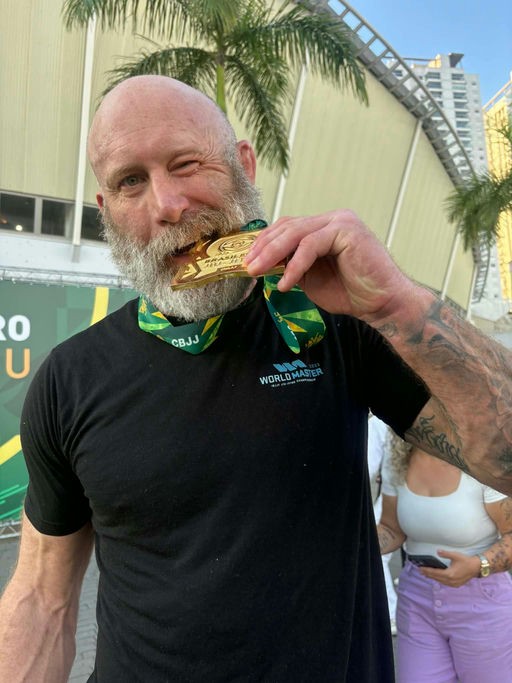 Casey Thom holding his gold medal after the 2026 Brasileiro Jiu-Jitsu Championship