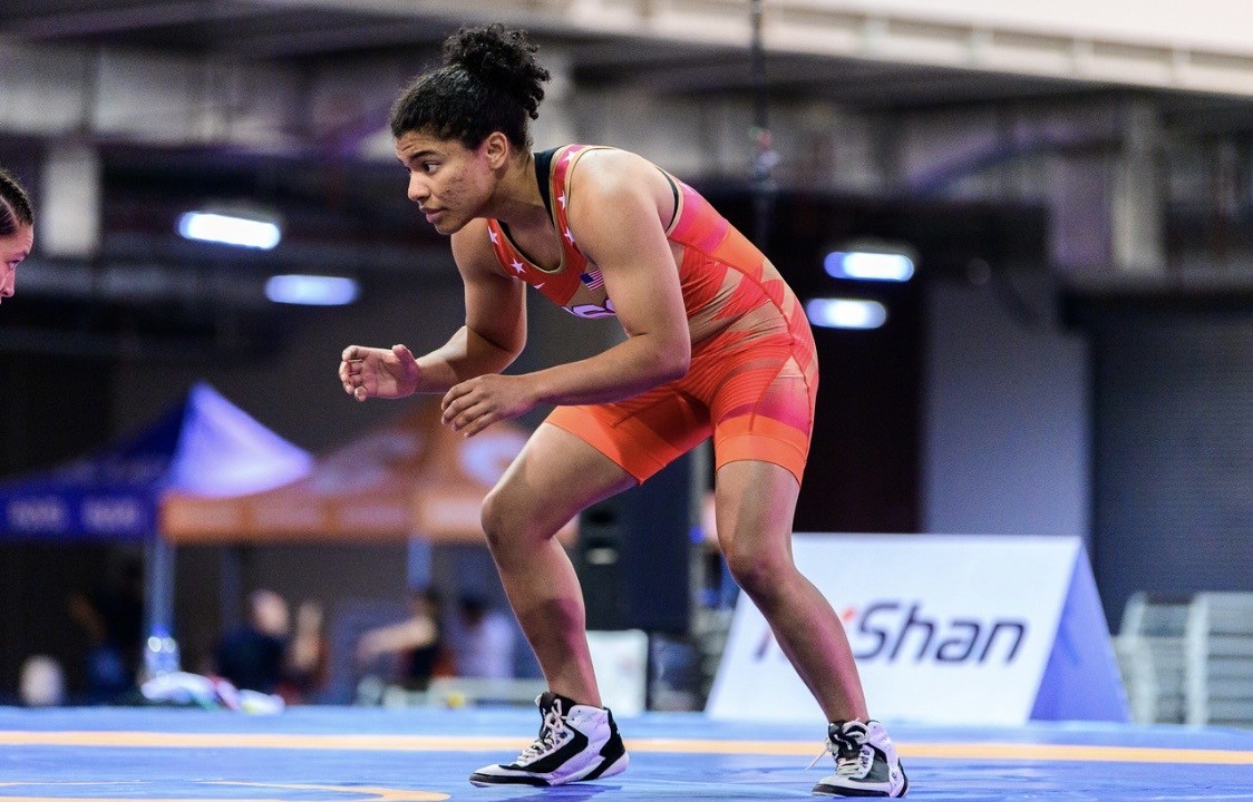 Xochitl Mota-Pettis in her wrestling stance during an international competition