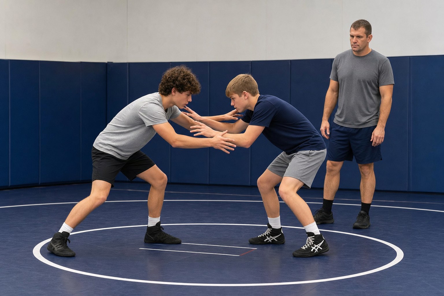 Two beginner wrestlers practicing controlled hand fighting with a coach nearby