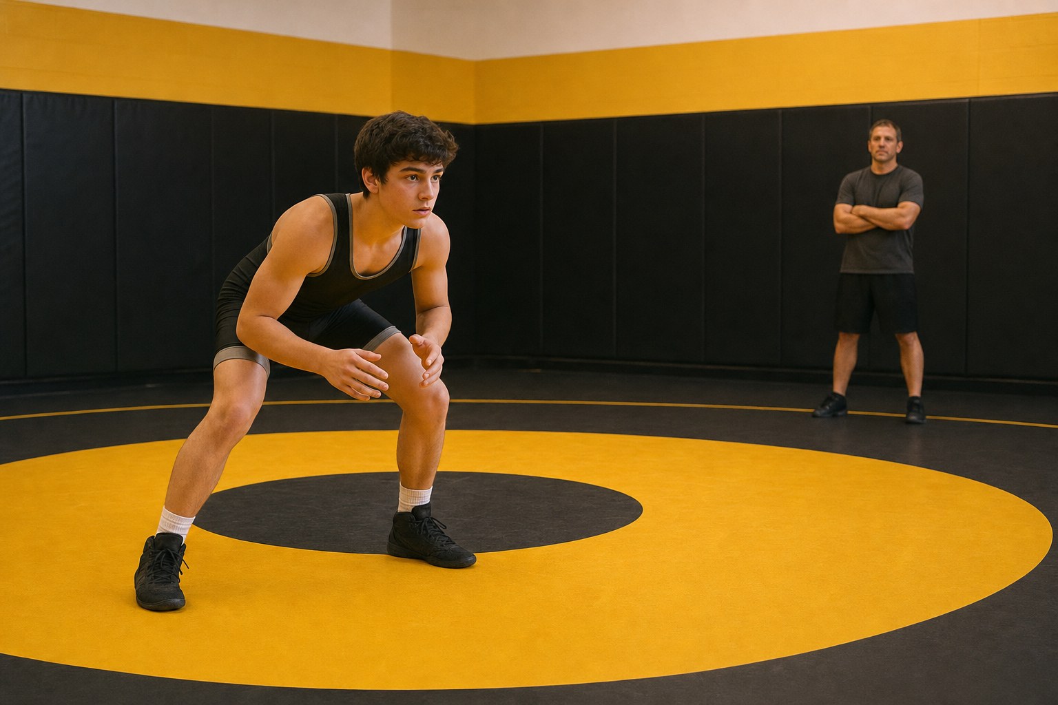 A beginner wrestler learning a balanced neutral stance on a yellow wrestling mat