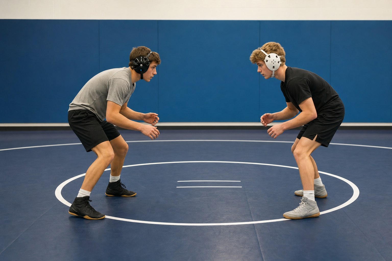 Two beginner wrestlers practicing balanced stance and motion at a safe distance