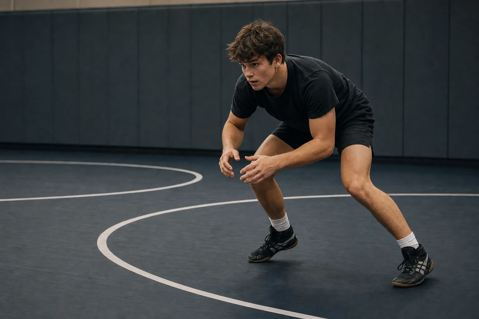 A wrestler holding a low stance during a conditioning drill