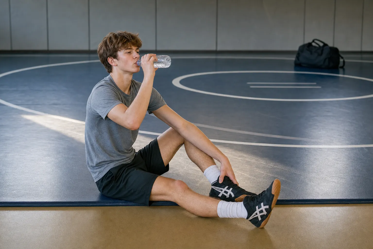 A wrestler drinking water and stretching after practice