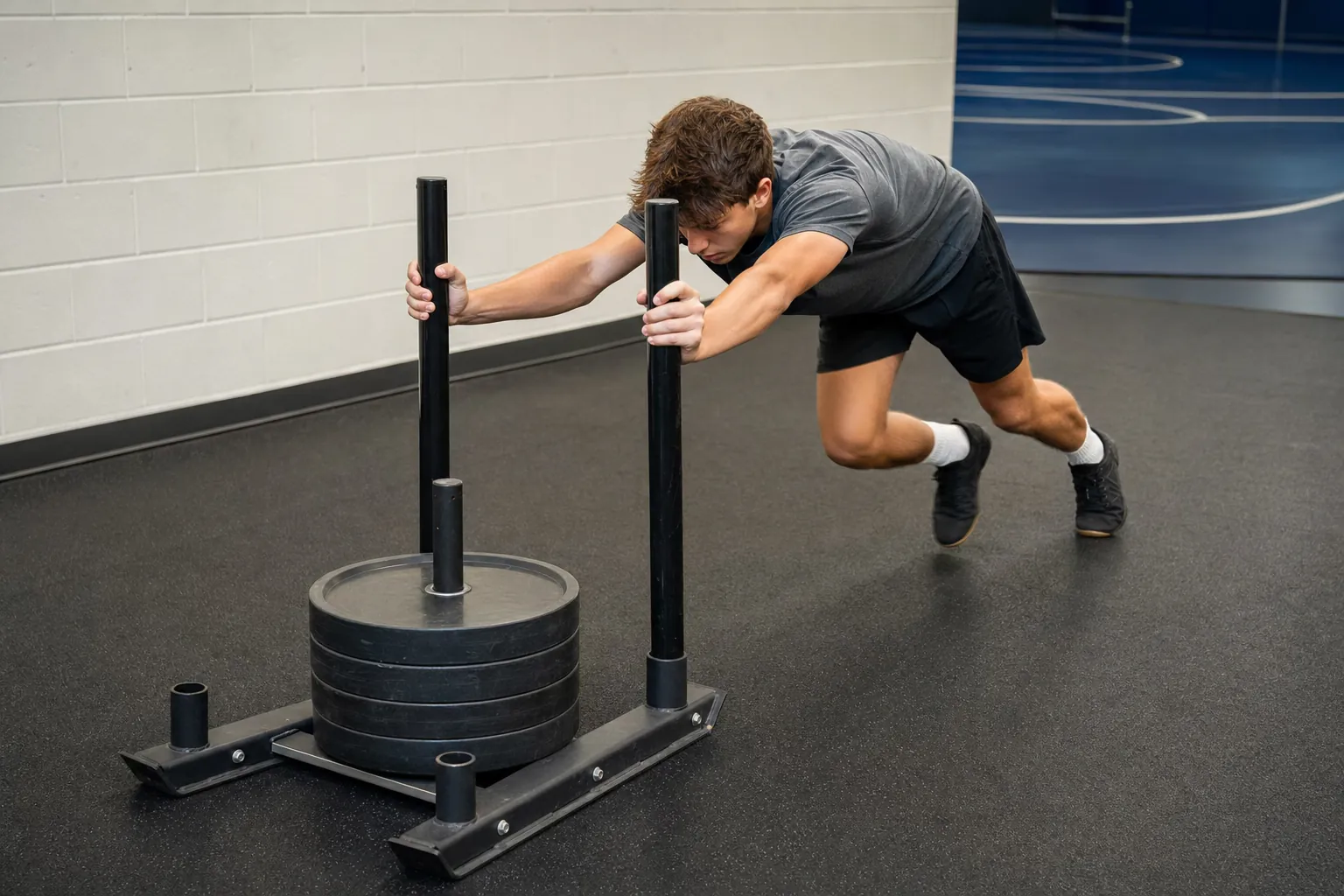 A wrestler pushing a weighted sled during a conditioning session