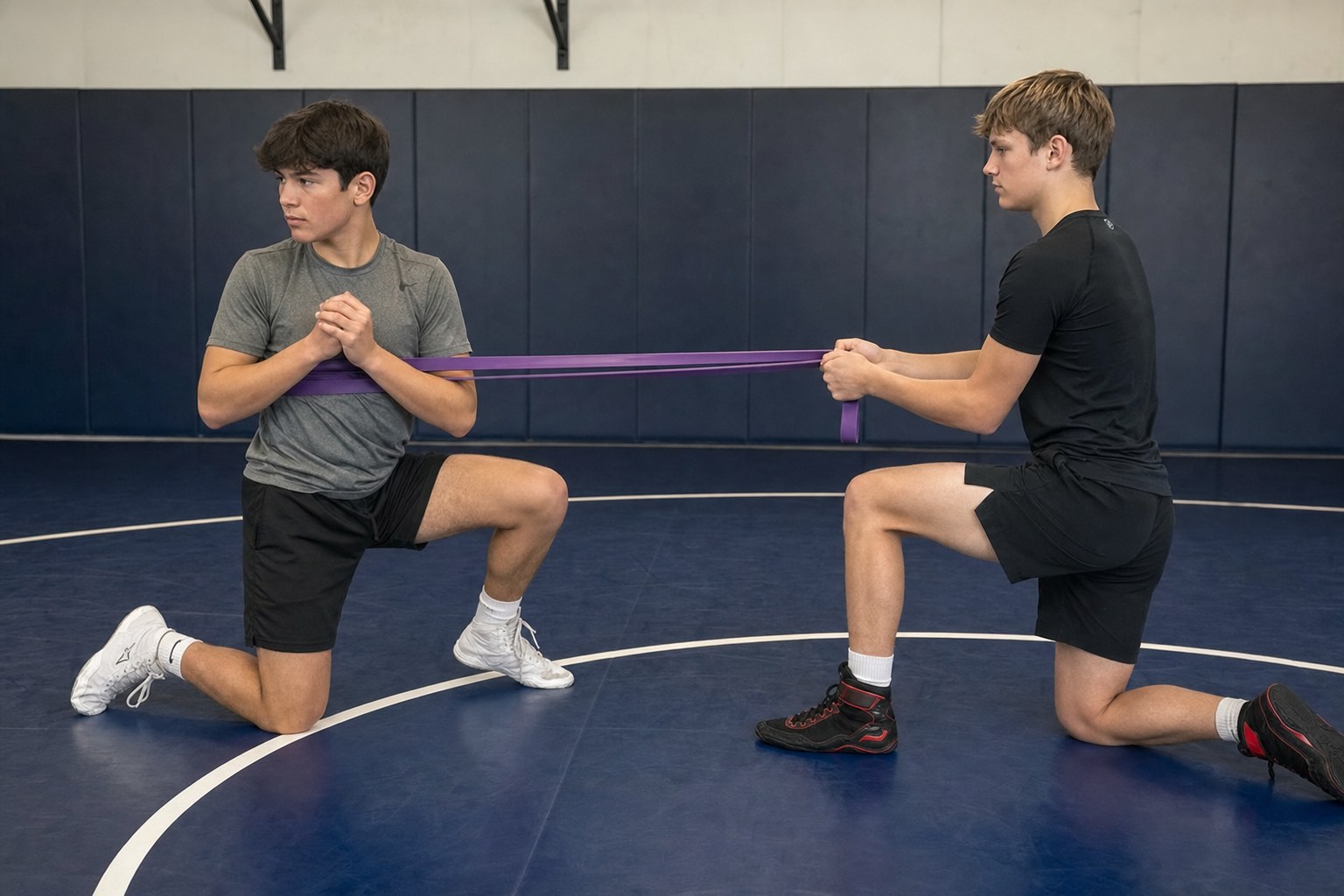 Two wrestlers practicing a controlled half-kneeling band anti-rotation hold