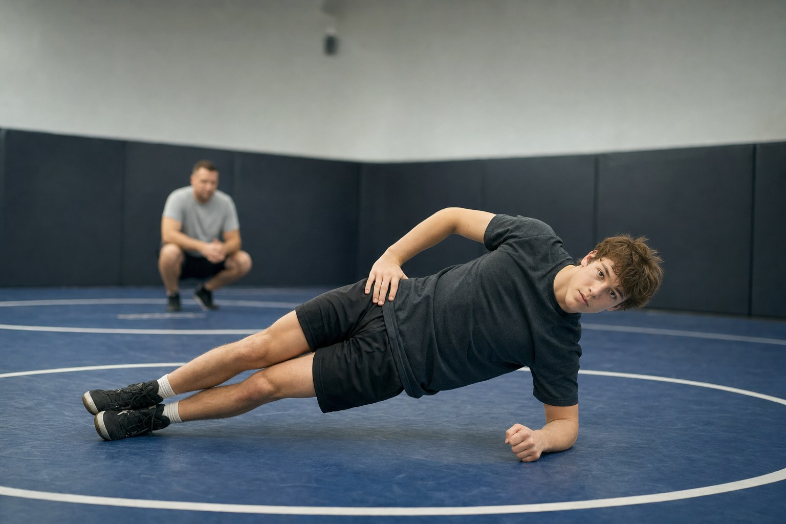 A wrestler holding a controlled side plank on a wrestling mat