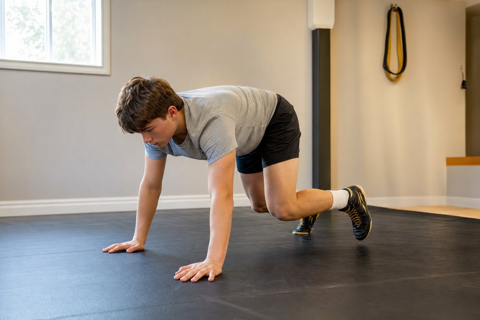 A wrestler doing a controlled bear crawl in a home training space