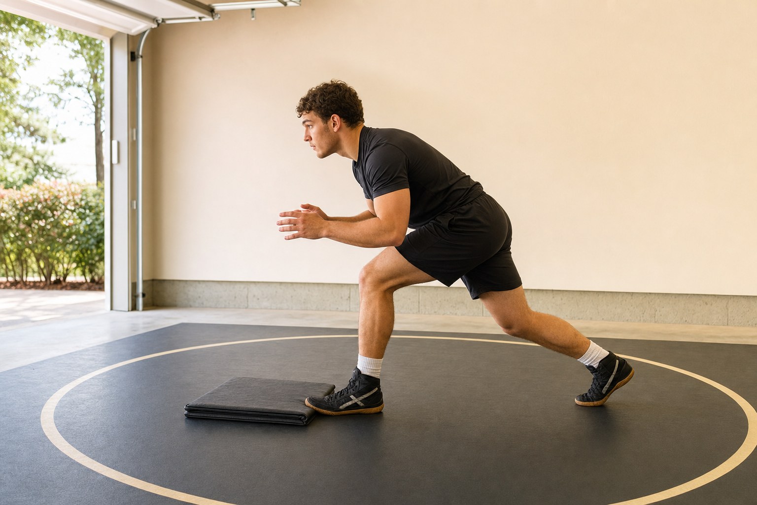 A wrestler rehearsing a controlled penetration-step shape in a home garage
