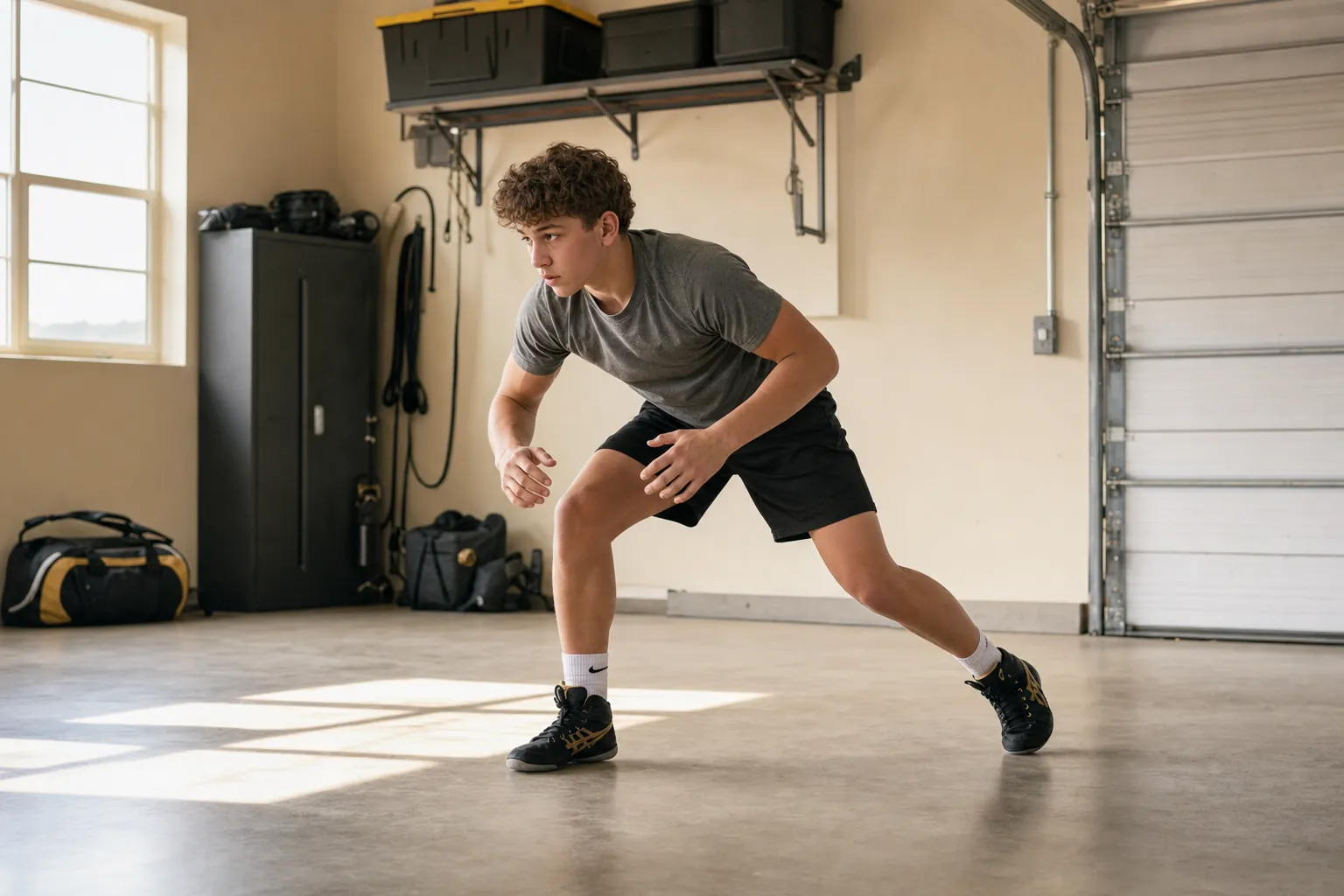 A wrestler practicing stance and motion alone in a home garage