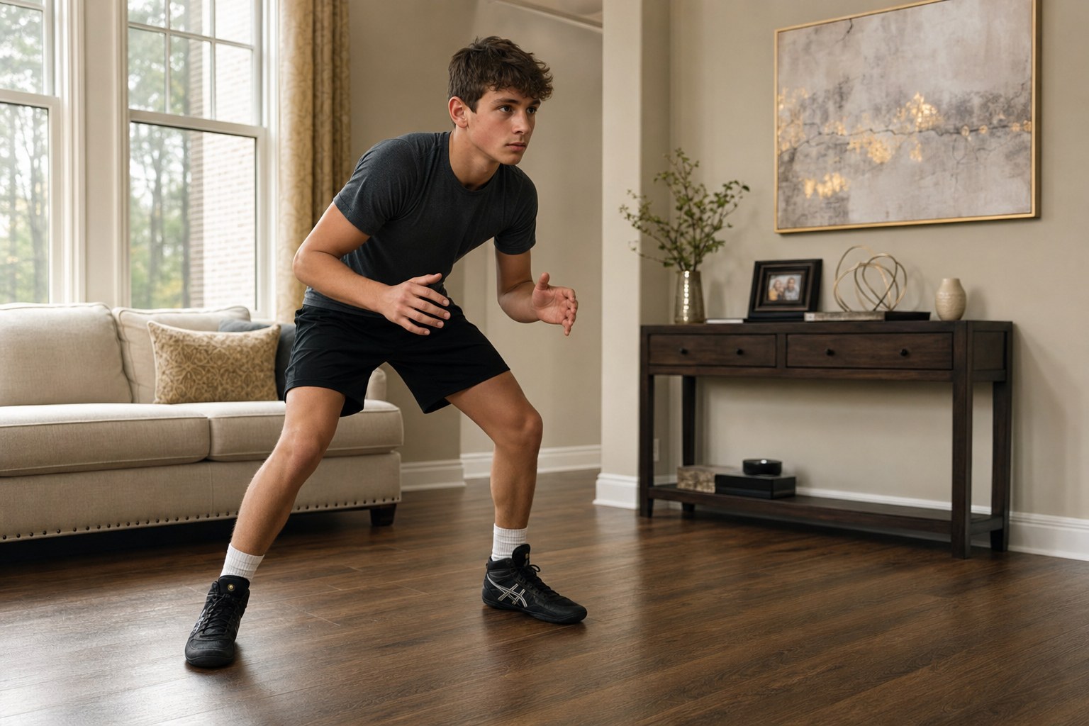 A wrestler practicing stance and motion alone in a clear living room