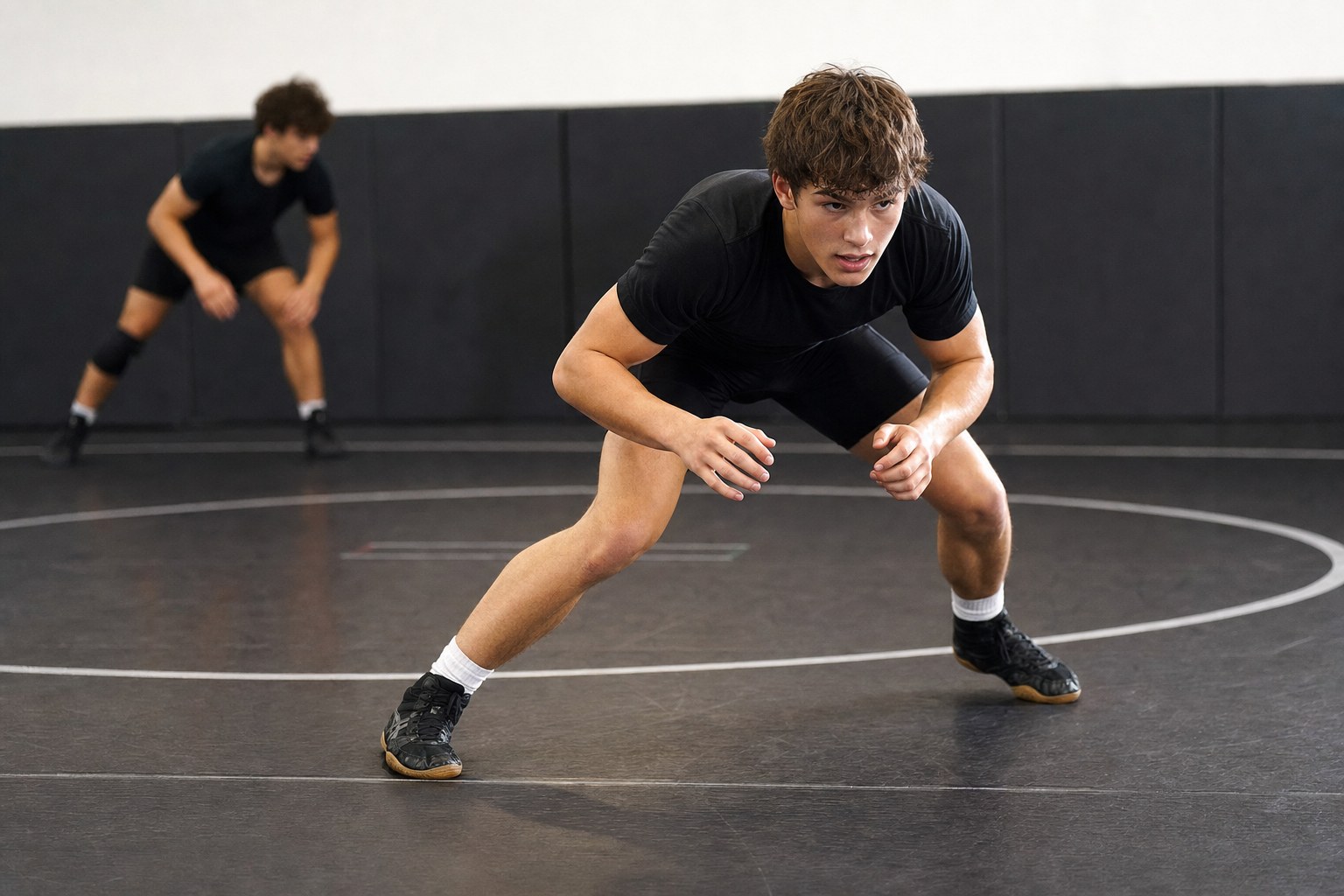A wrestler practicing a low, balanced stance while moving across a mat