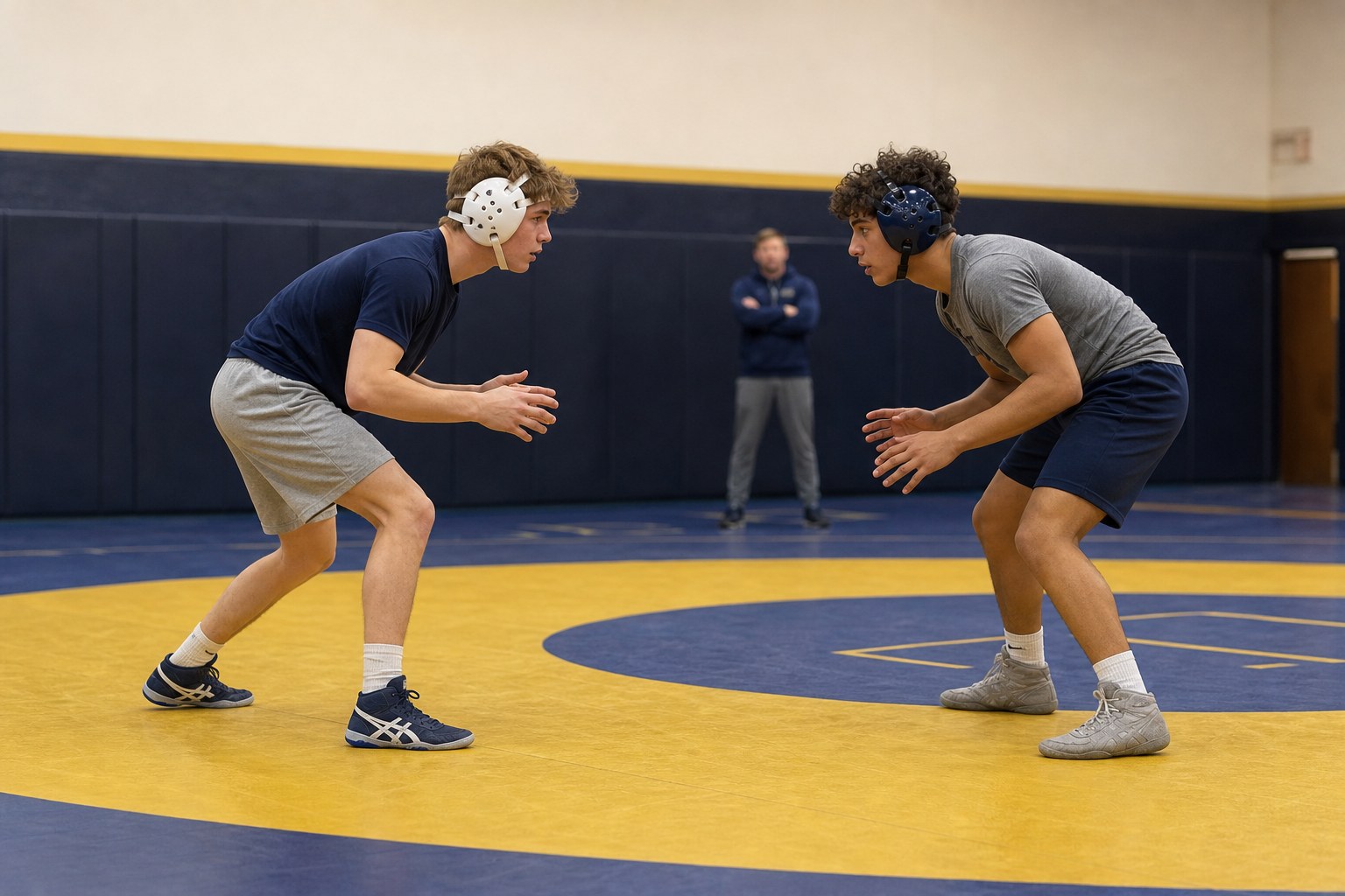 Two wrestlers rehearsing controlled mirror footwork from balanced neutral stances