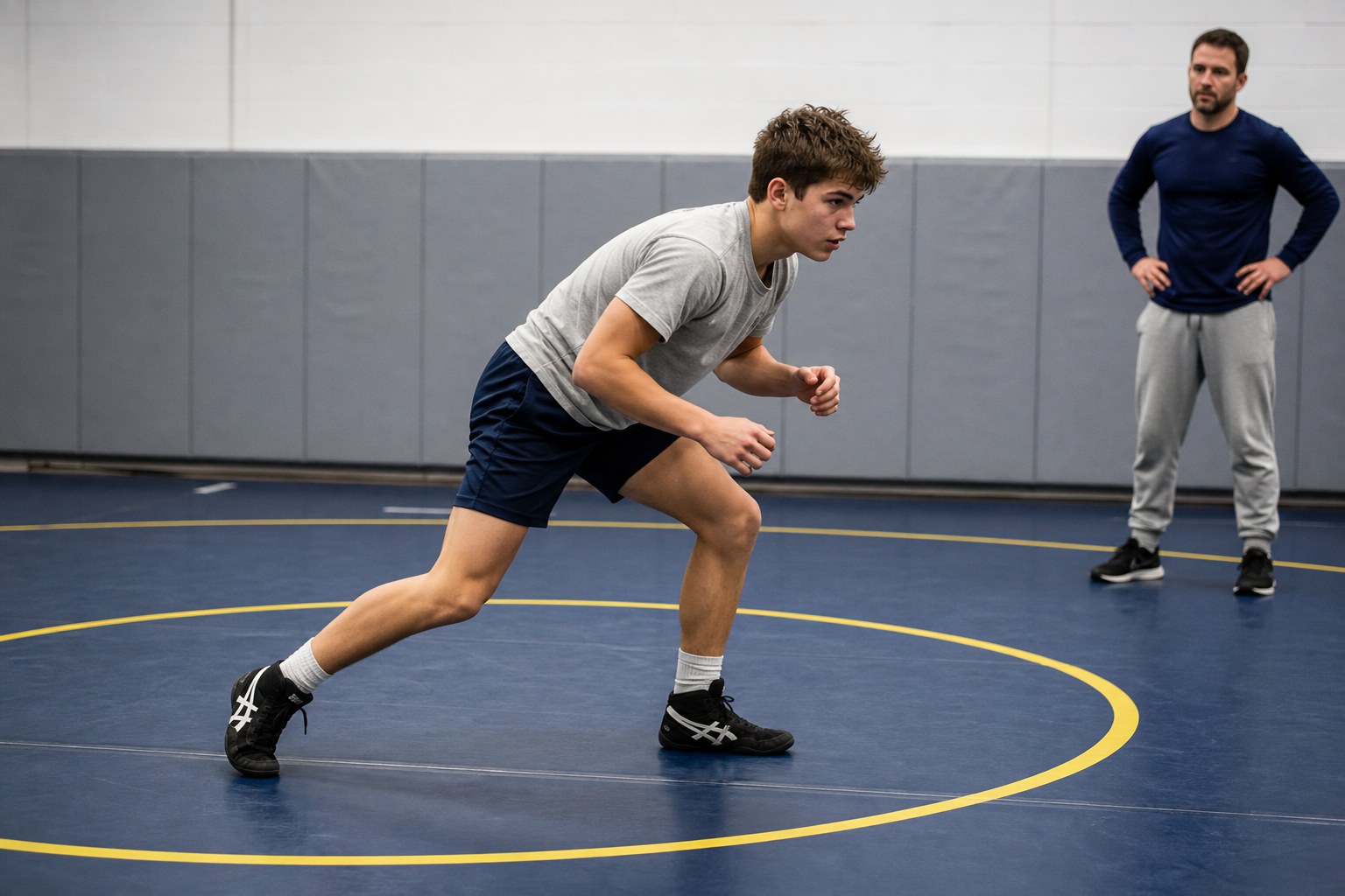 A wrestler returning toward a balanced stance after a controlled penetration-step rehearsal