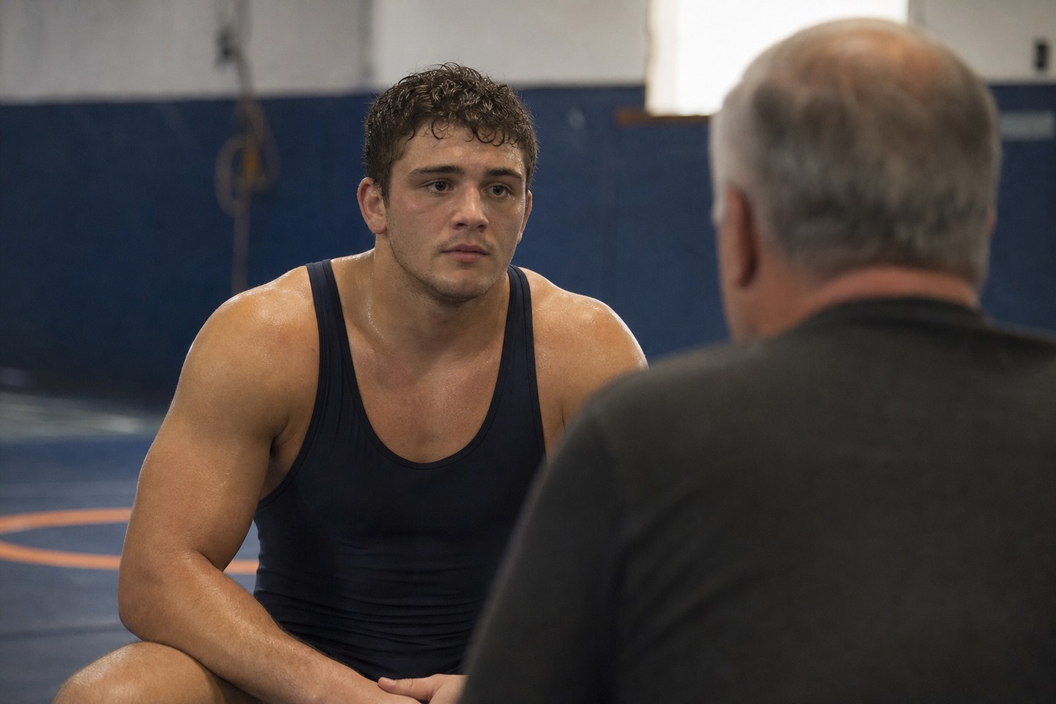 A wrestler sitting tall on a mat while listening to a coach