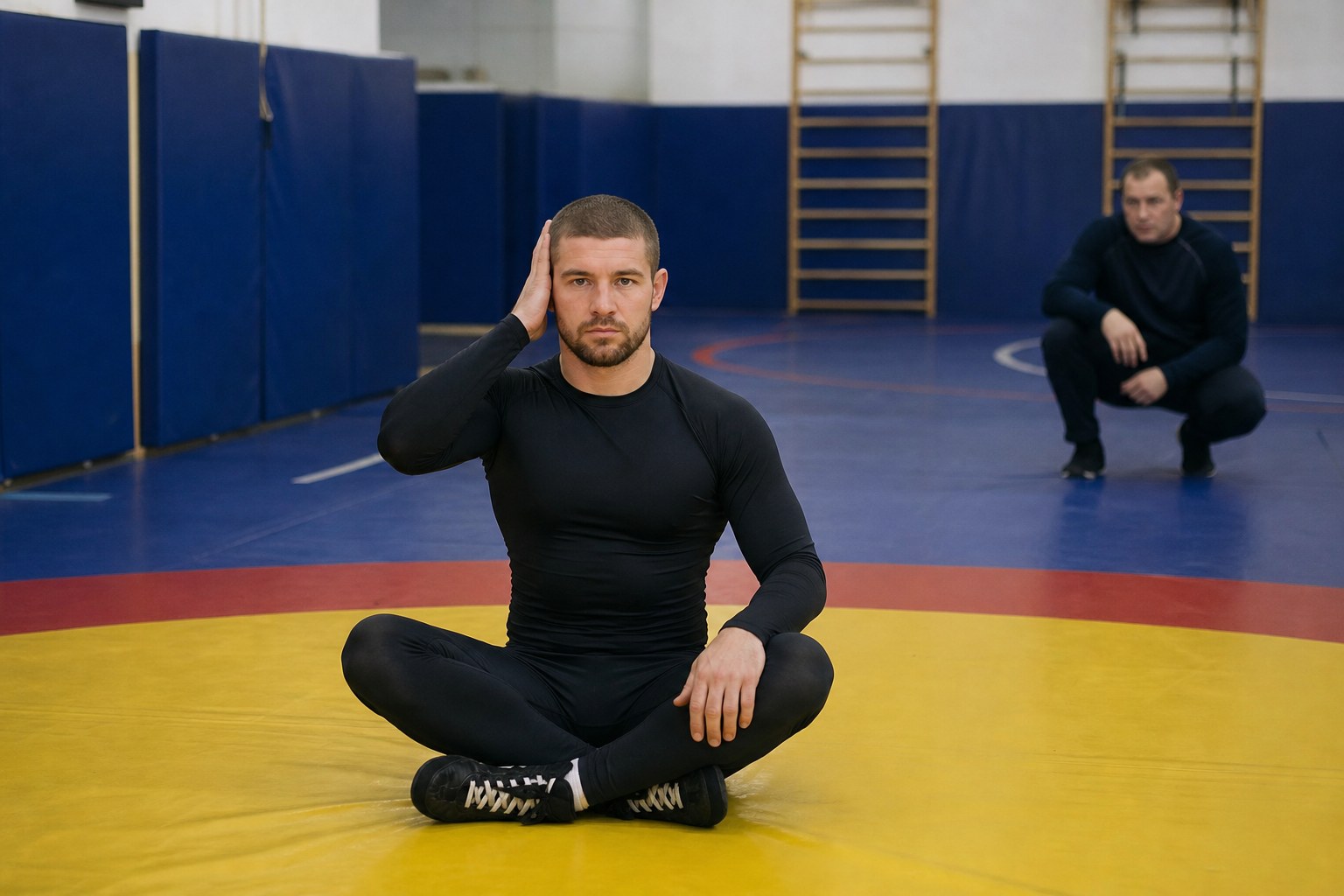A wrestler performing a gentle side neck isometric in a wrestling room