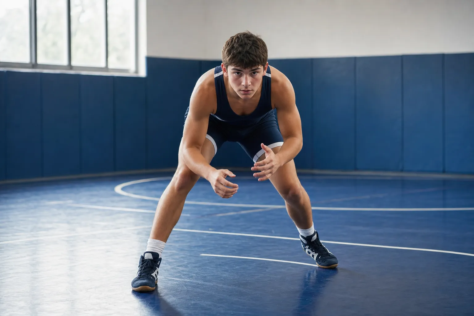 A wrestler in a balanced staggered stance on a wrestling mat