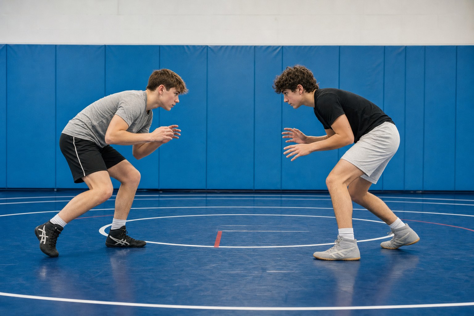 Two wrestlers practicing controlled stance and motion on a wrestling mat