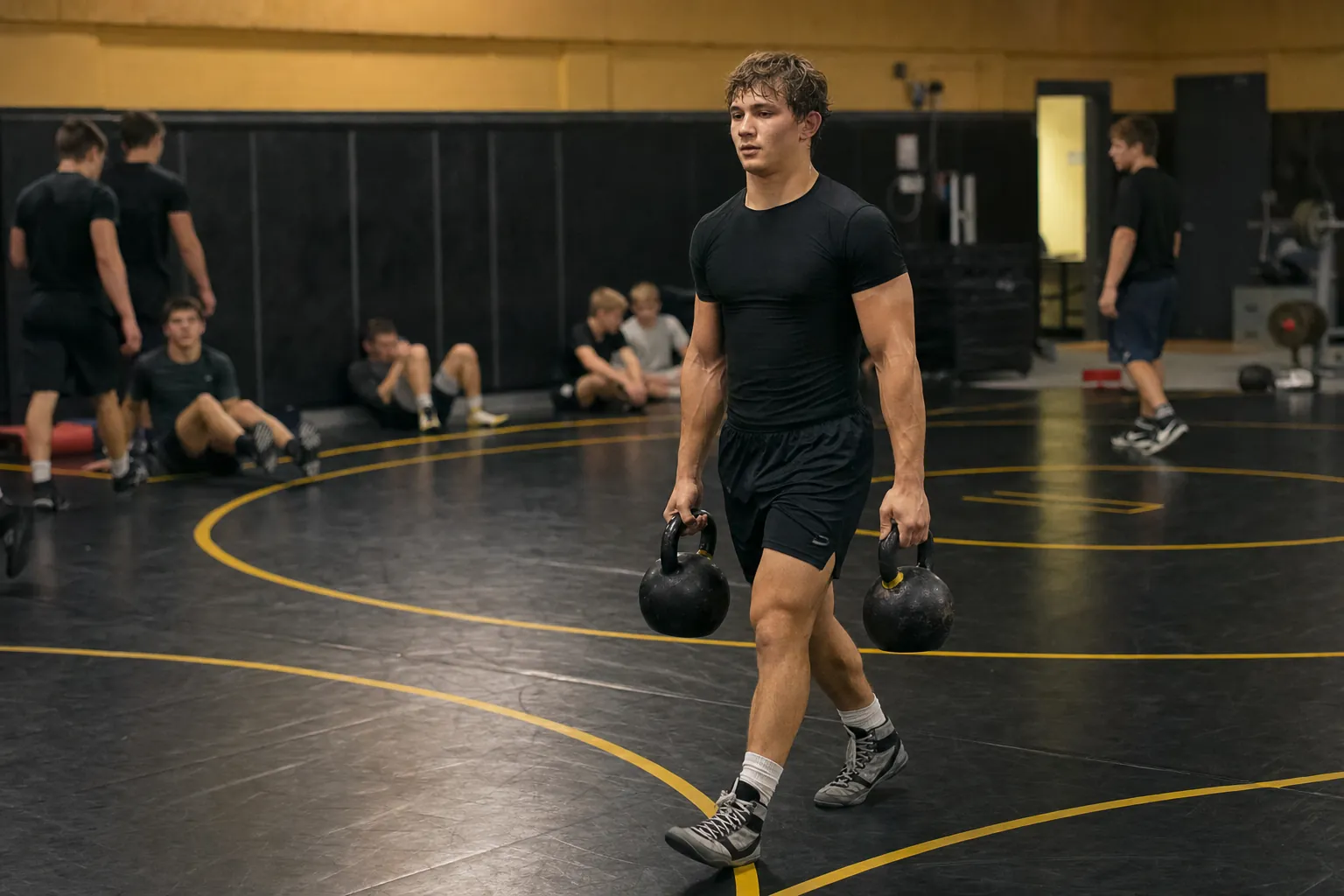 A wrestler performing a farmer carry with kettlebells on a wrestling mat