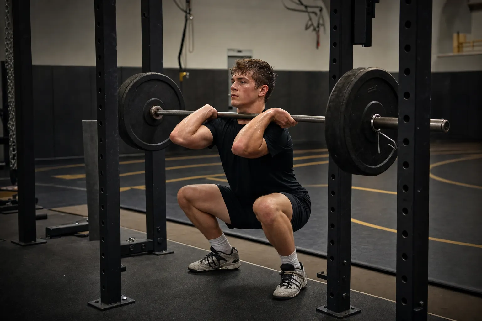 A wrestler performing a front squat in a training room