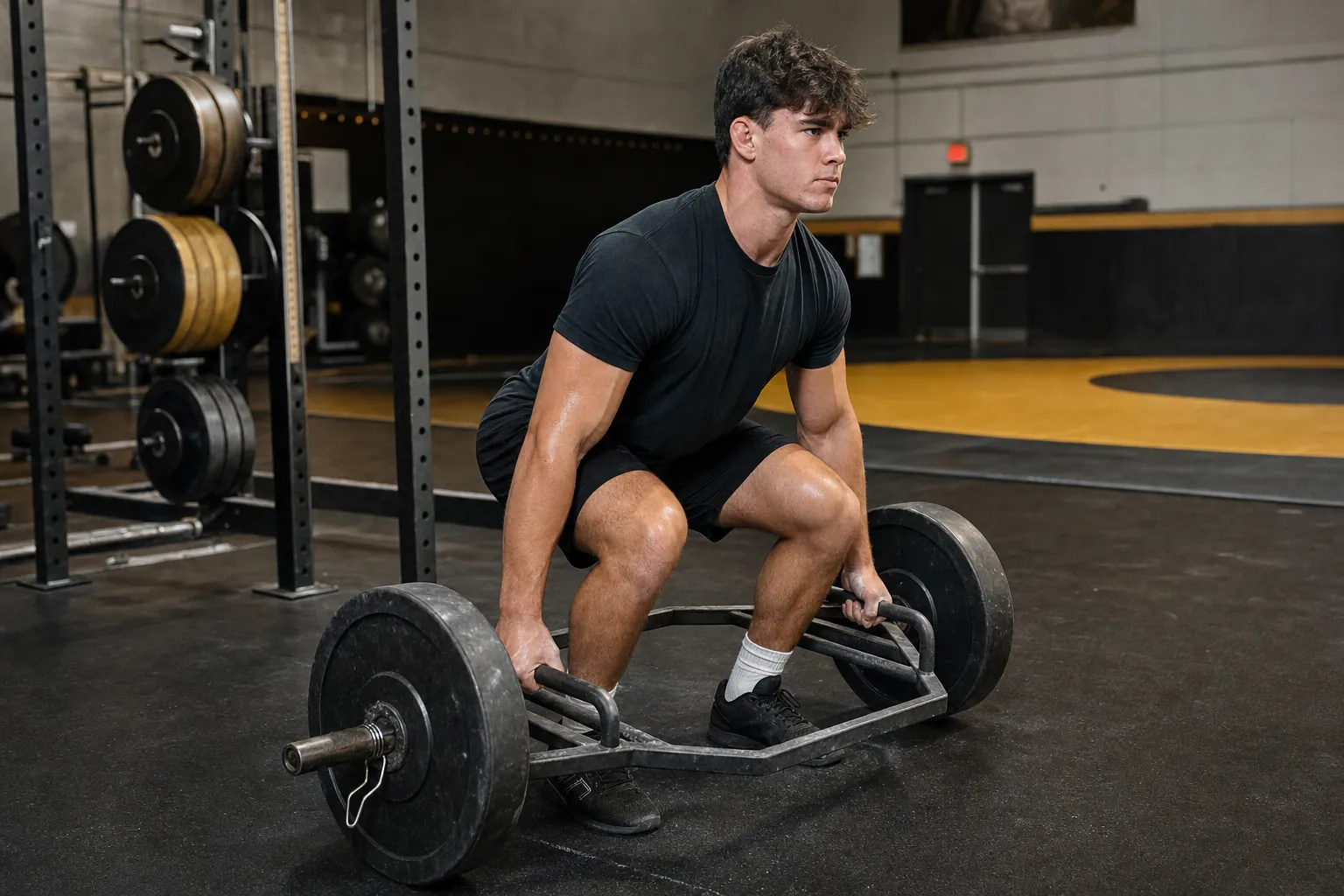 A wrestler setting up for a trap-bar deadlift