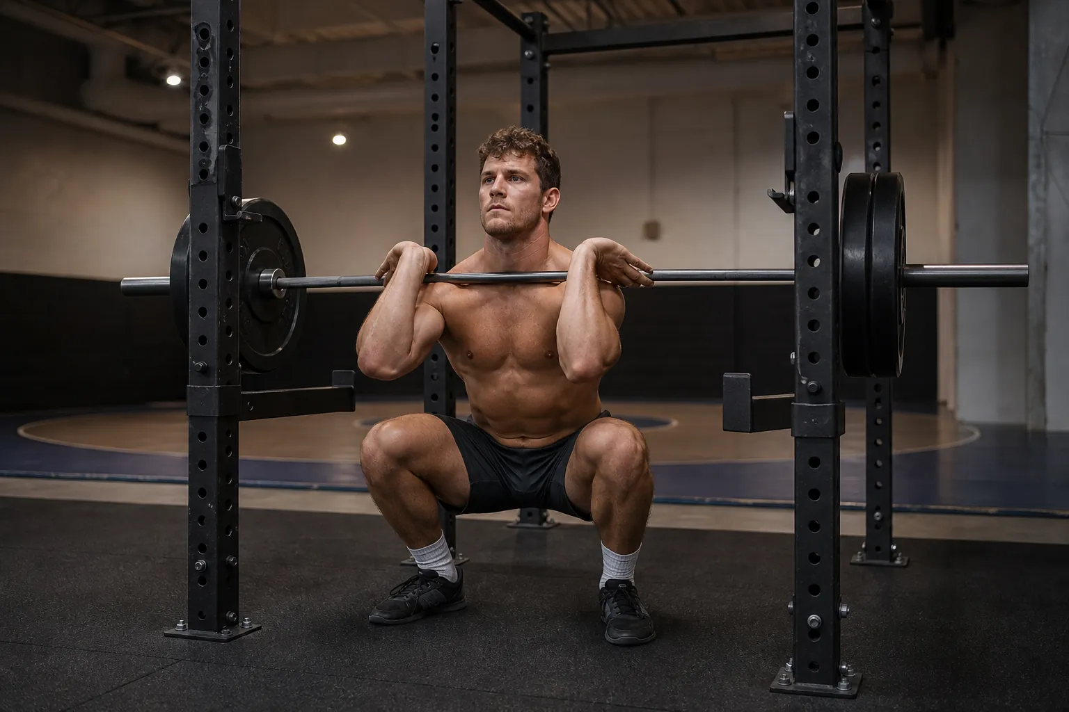 A wrestler performing a front squat in a training room