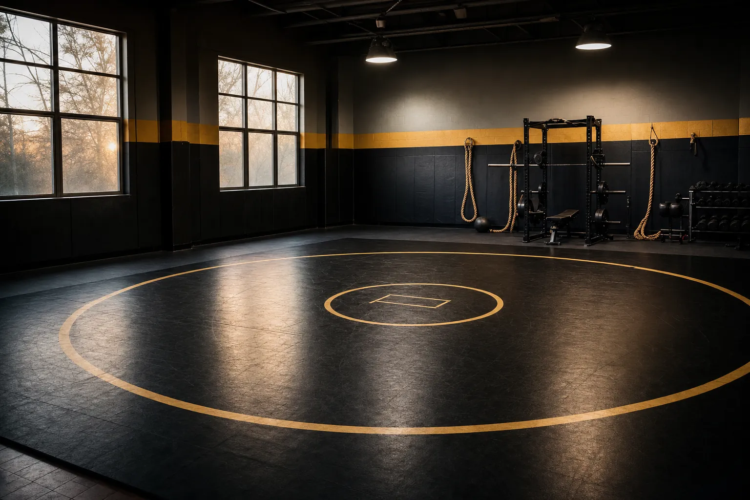 An empty wrestling room with a mat, squat rack and training ropes