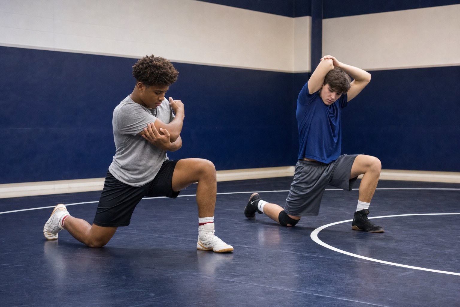 Two wrestlers doing controlled mobility work on a wrestling mat before practice