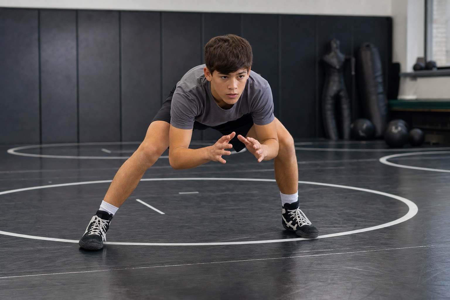A wrestler in a controlled low stance after rehearsing a sprawl during warm-up