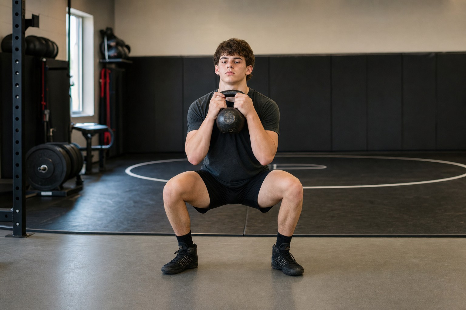 A wrestler performing a goblet squat in a training room