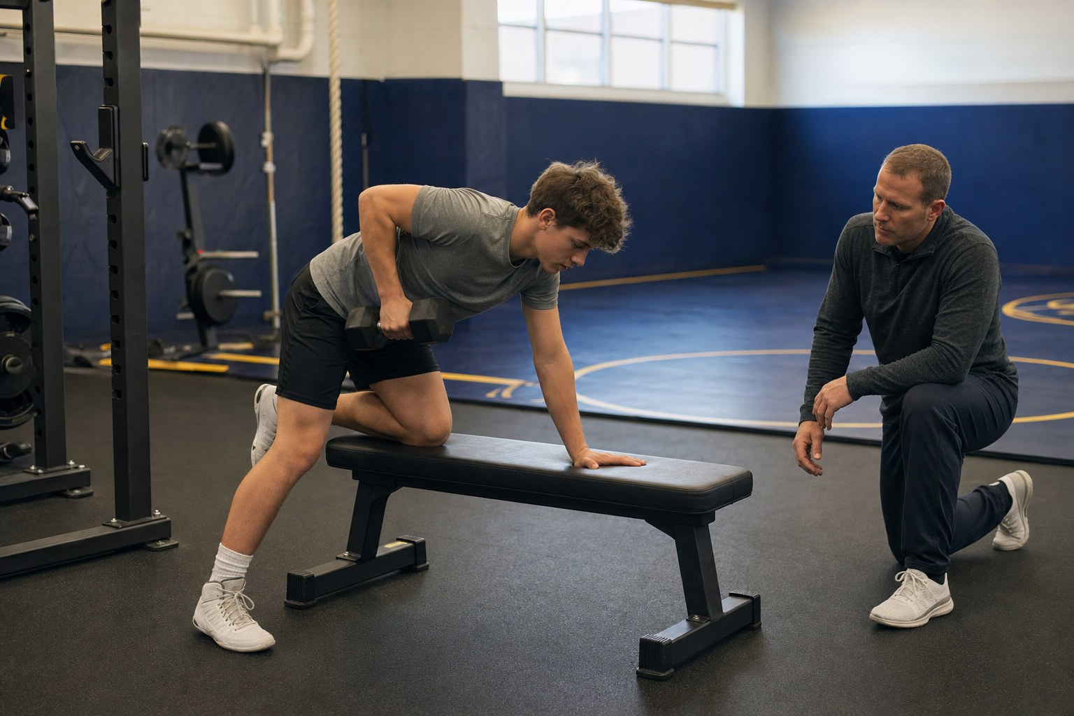 A wrestler performing a supported one-arm dumbbell row with a coach nearby